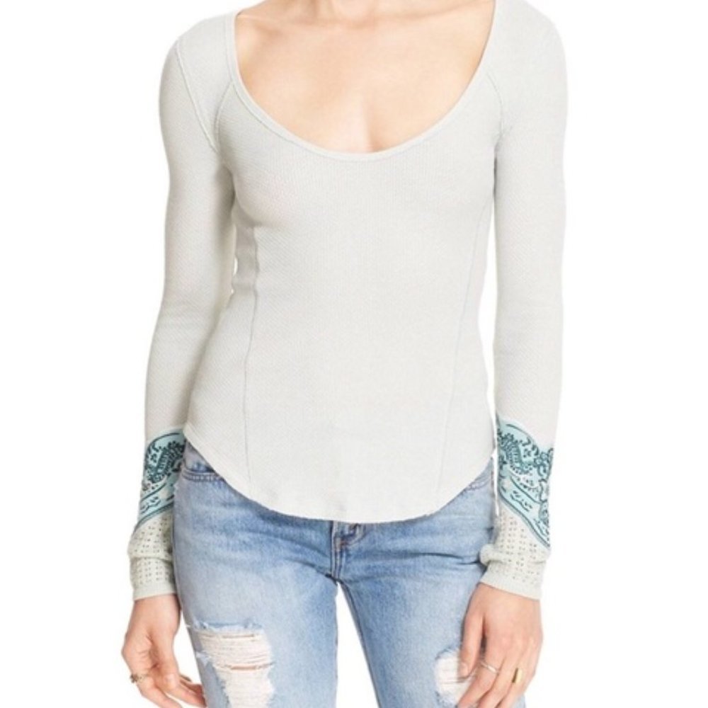 Free People Mint Bandana Cuff Round neck Waffle Thermal